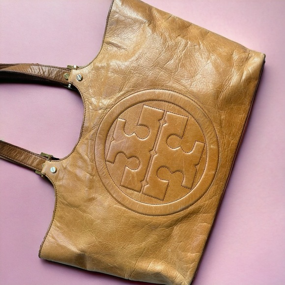 Tory Burch Bombe Tan Glazed Leather Handbag Zip Top Tote - Picture 2 of 9